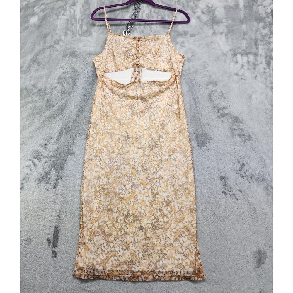 NEW BCBGeneration Dress Womens M Tan Animal Print Front Cutout Ruched Mesh Lined